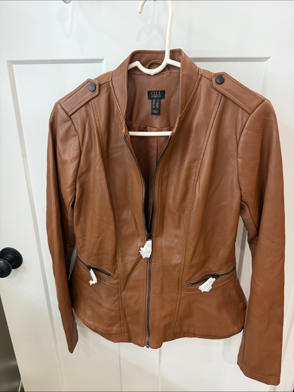 G.I.L.I. Women's Cognac Brown Leather Zip Jacket